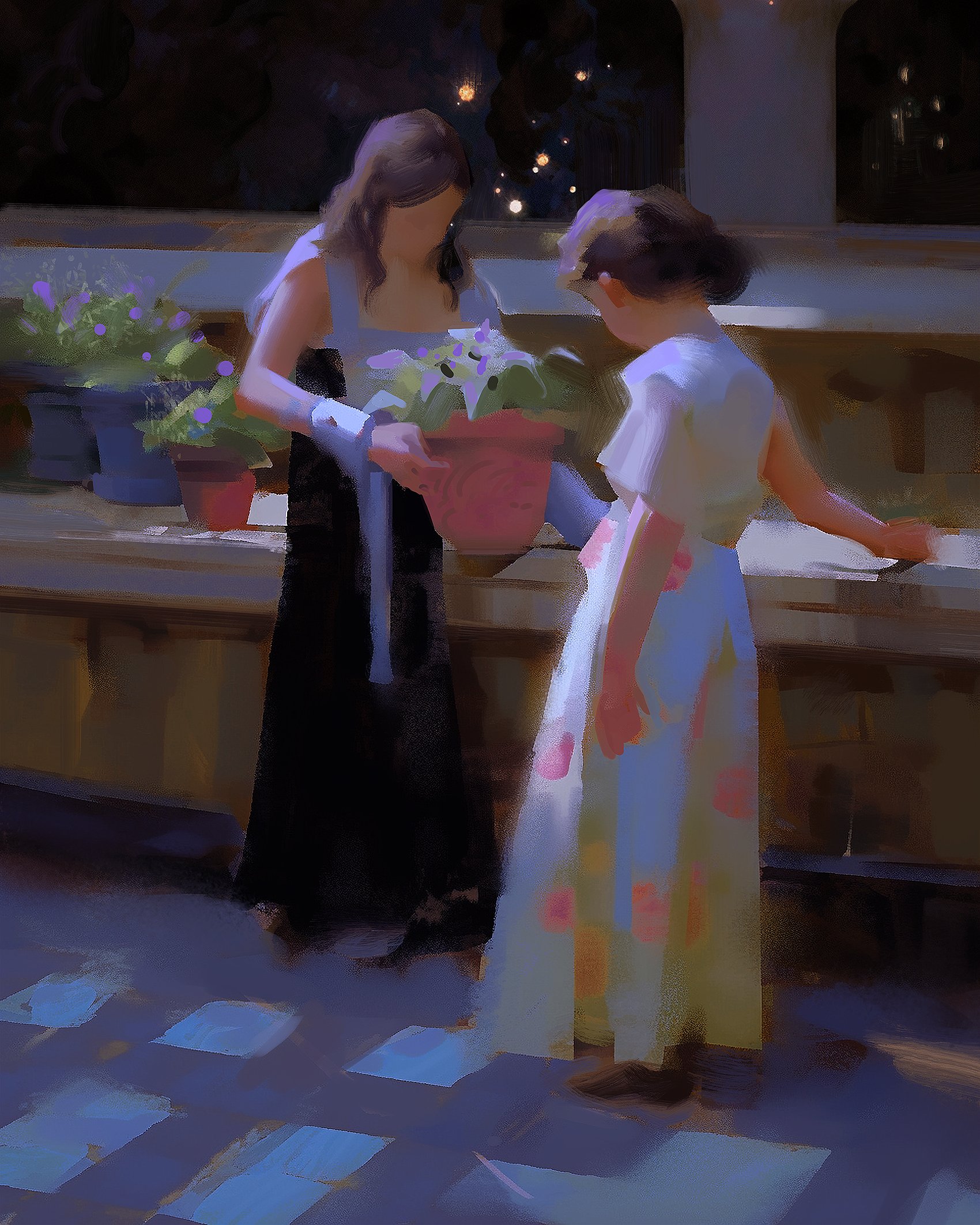 two women, one in a floral dress and the other in a dark dress are standing in a garden setting. the woman in the floral dress is leaning against the side of a planter with potted plants. the potted plants are all purple or green. the floor is made of large rectangular tiles and it looks like there is a stone wall to the right.  it looks like the women are looking at some flowers at the end of a stone path.