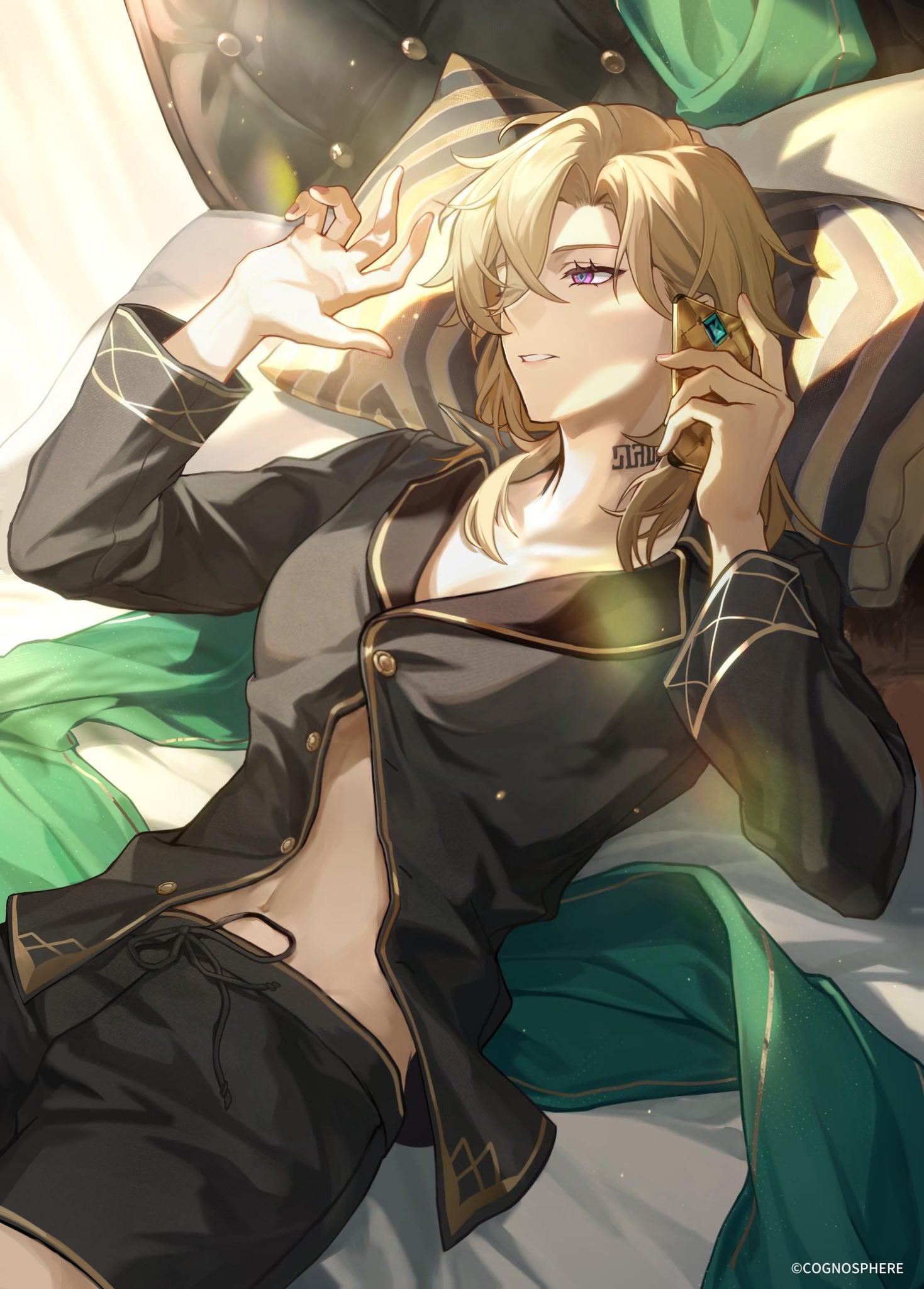 a young woman with long blonde hair lays in a bed. she is wearing a black jacket over a black tank top and matching shorts. she has a green scarf wrapped around her waist and is holding a golden phone to her ear. she is looking to the right and slightly smiling, and her eyes are a bright purple. the bed's sheets are white and the background is blurred.