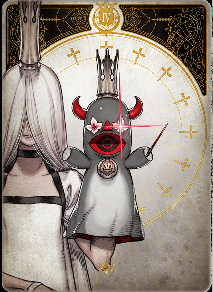 the image is of a tarot card depicting a woman in a white dress and crown holding a oneeyed doll. the doll is also wearing a crown and holding a wand. the background is a circular design with roman numerals and crosses. the card is numbered "iv" at the top. the art style appears to be digital illustration with visible line art.