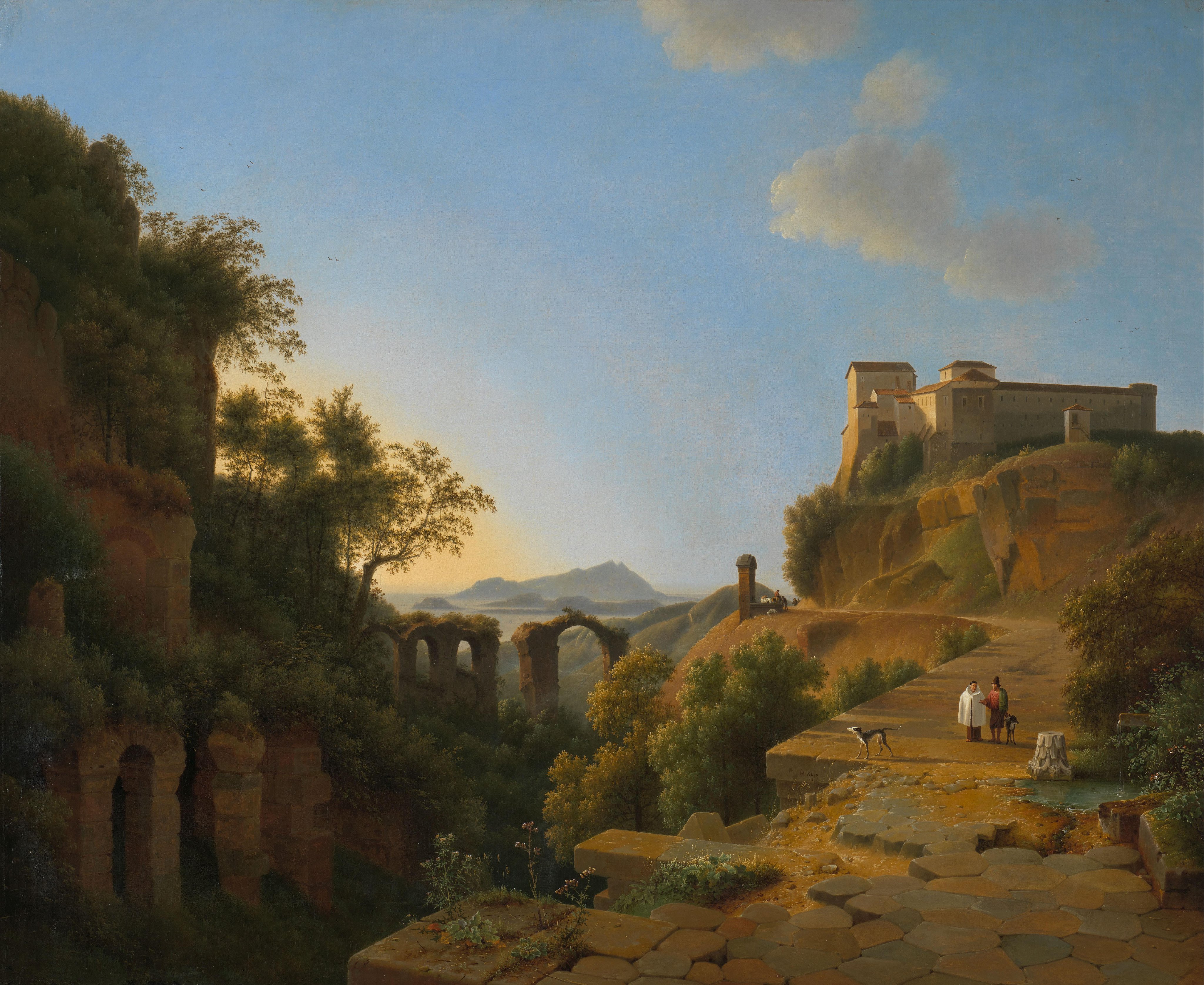 the image is a painting depicting a landscape with roman ruins. in the foreground, a stone road leads to a cliff edge where two people and a dog stand near a small fountain. beyond them, there is a distant building, a possible castle, atop a rocky hill. to the left of the road, ancient roman ruins are visible, including remnants of an aqueduct. the scene is filled with trees and greenery. the sky is blue with a few white clouds. in the distance, hills are visible. there is also what appears to be a horsedrawn carriage on a road. the overall impression is of a classical landscape with historical elements.