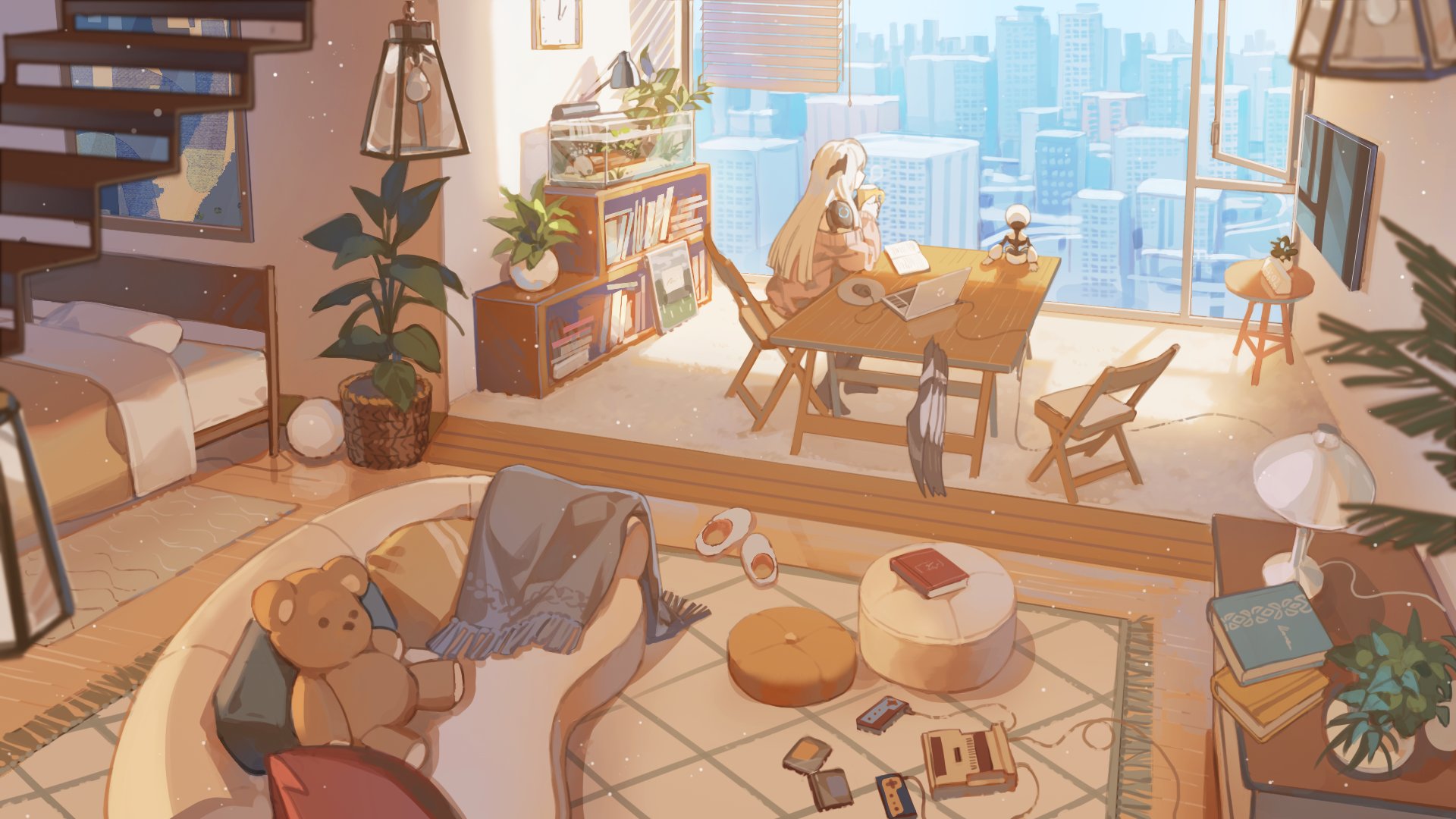 he image is a digital illustration depicting a cozy and sunlit apartment with an anime girl sitting at a desk working on her laptop. the apartment features a bedroom with a bed and a living room area with a sofa, plants, and various other items. large windows offer a cityscape view, enhancing the overall ambiance. the style is characterized by warm pastel colors and a comfortable, relaxing atmosphere.