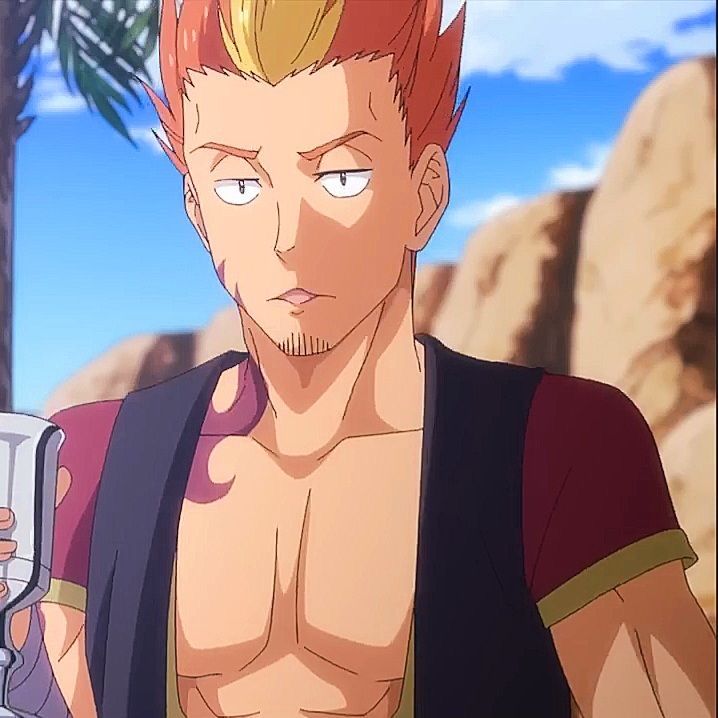 this is an anime image of a male character. he has bright red hair, orange hair highlights, a goatee, and is wearing a red and black shirt. he appears to be standing outdoors and holding a cup of something, looking thoughtful. he has a tattoo on his chest.
