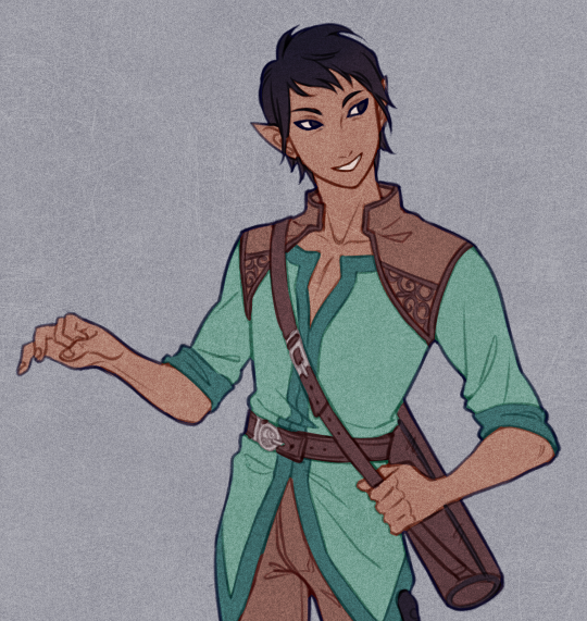 the image shows a standing waistup illustration of a smiling, darkskinned elf male. he has short, dark hair, and pointed ears. he is wearing a turquoise tunic with a brown leather vest and matching pants. he has a brown leather messenger bag hanging at his hip, held in his right hand, and his lefthand palm is up in a beckoning gesture. the background is a muted bluegray.