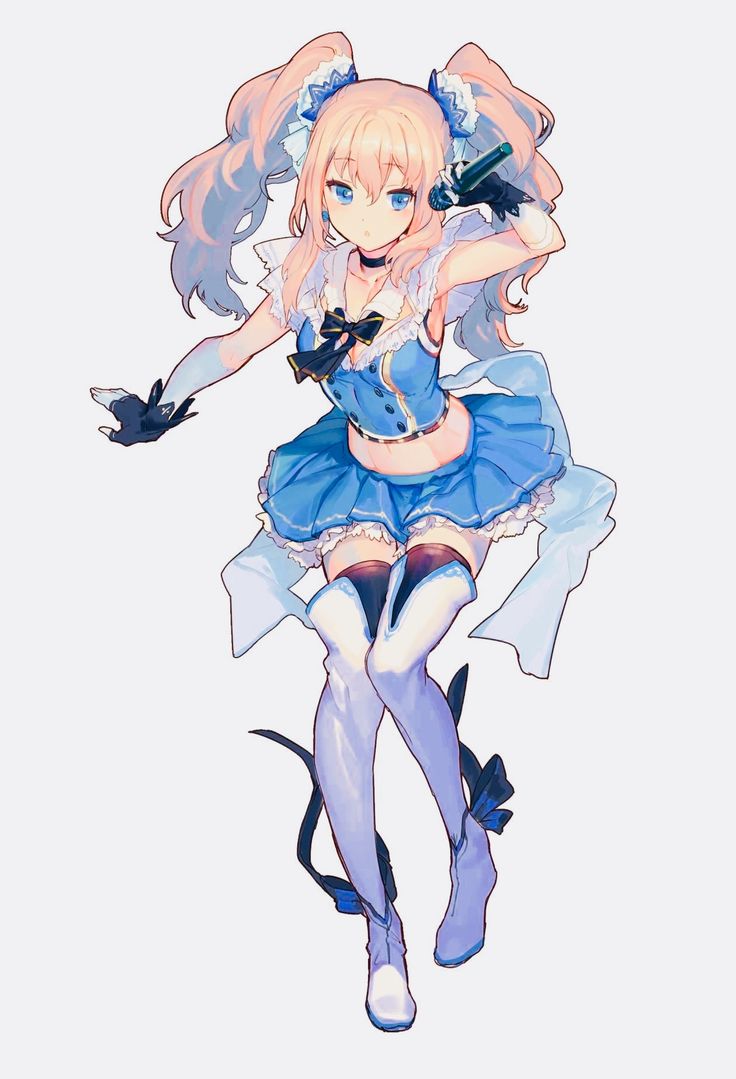 this is a digital illustration of an anime girl with pink hair wearing a blue dress and high heels. she is holding a microphone in her right hand, smiling and singing. she is in a pose as if she's on stage performing.