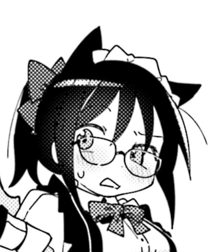 a black and white manga image of an anime girl with glasses, wearing a maid outfit with a bow.