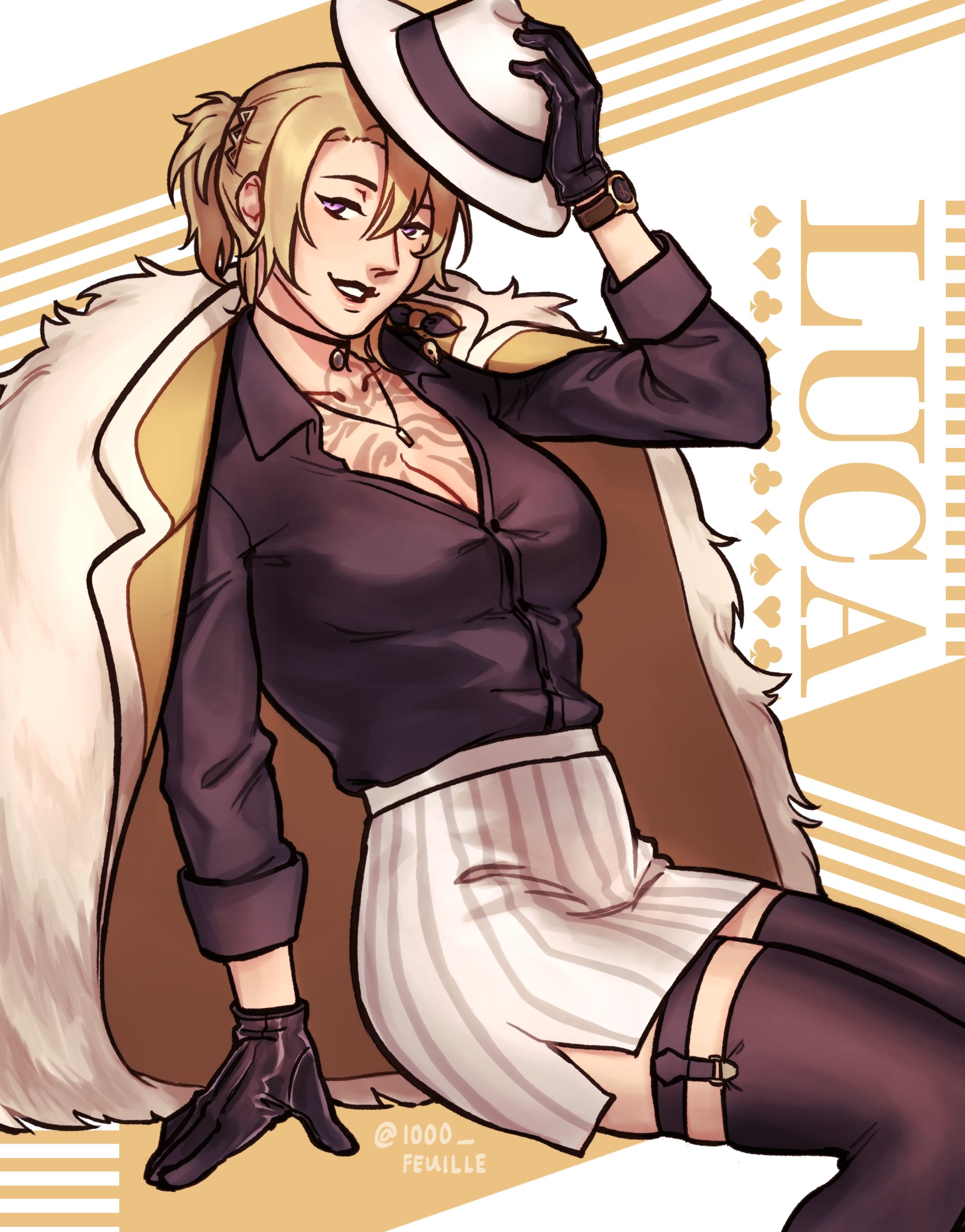 this is a digital illustration of a woman in an anime style. she is dressed in a stylish outfit with a white fedora, black gloves, and a fur coat. she is sitting in a pose that emphasizes her legs, which are covered in stockings and a garter belt. the background is a gold pattern with a repeated black spade symbol. the woman's name, "luca," is written vertically down the side of the background. the art is very detailed and the woman's expression is confident and alluring.