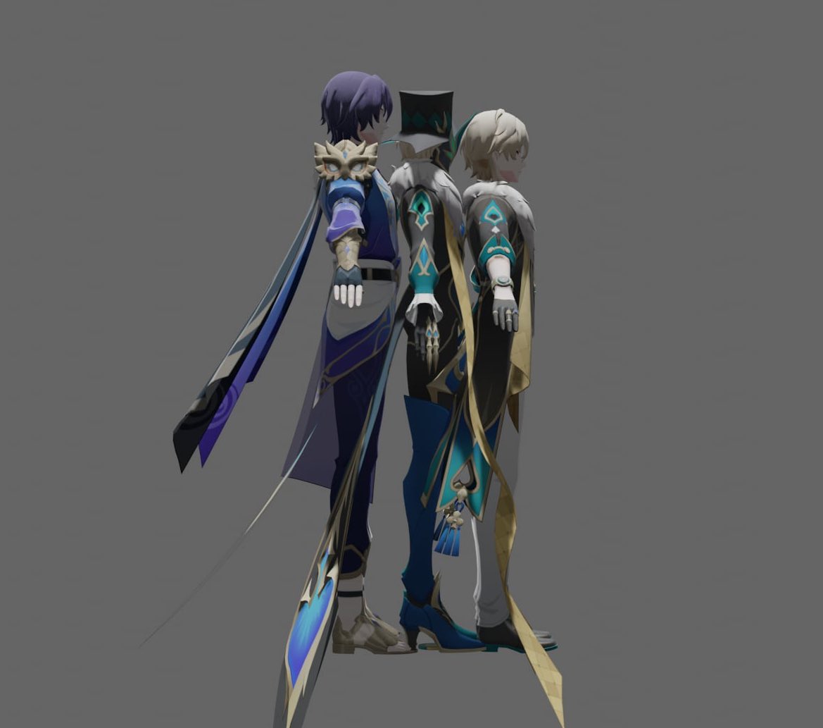three anime male characters from the game genshin impact. they are standing side by side in front of a gray background. the character on the left is wearing a blue and purple outfit with a sword attached to their hip. the character in the middle is wearing a dark blue and green outfit with a sword on their back. the character on the right is wearing a white and gold outfit with a long sword.
