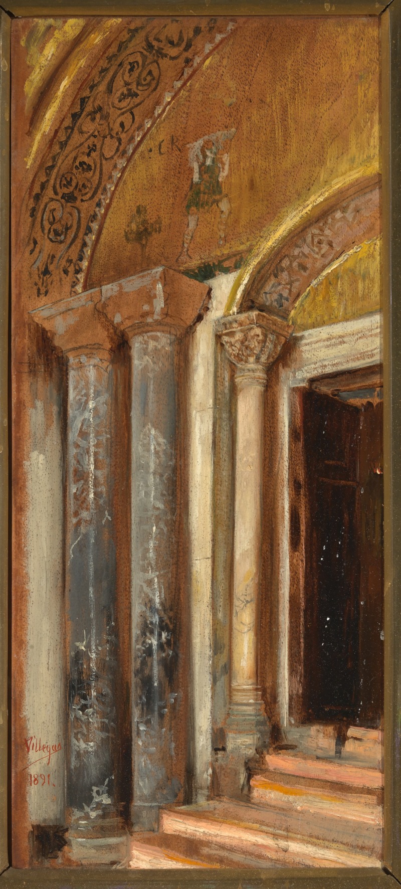 this is a painting of an architectural interior with columns and an arch. the painting shows a doorway with three columns on the left and one column on the right. there is a mosaic design on the arch above the doorway. the painting is signed "villega" and dated "1891" in the lower left corner. the scene is rendered in warm, earthy tones, suggesting a historical or religious setting. the door is slightly ajar, inviting the viewer to imagine what lies beyond.