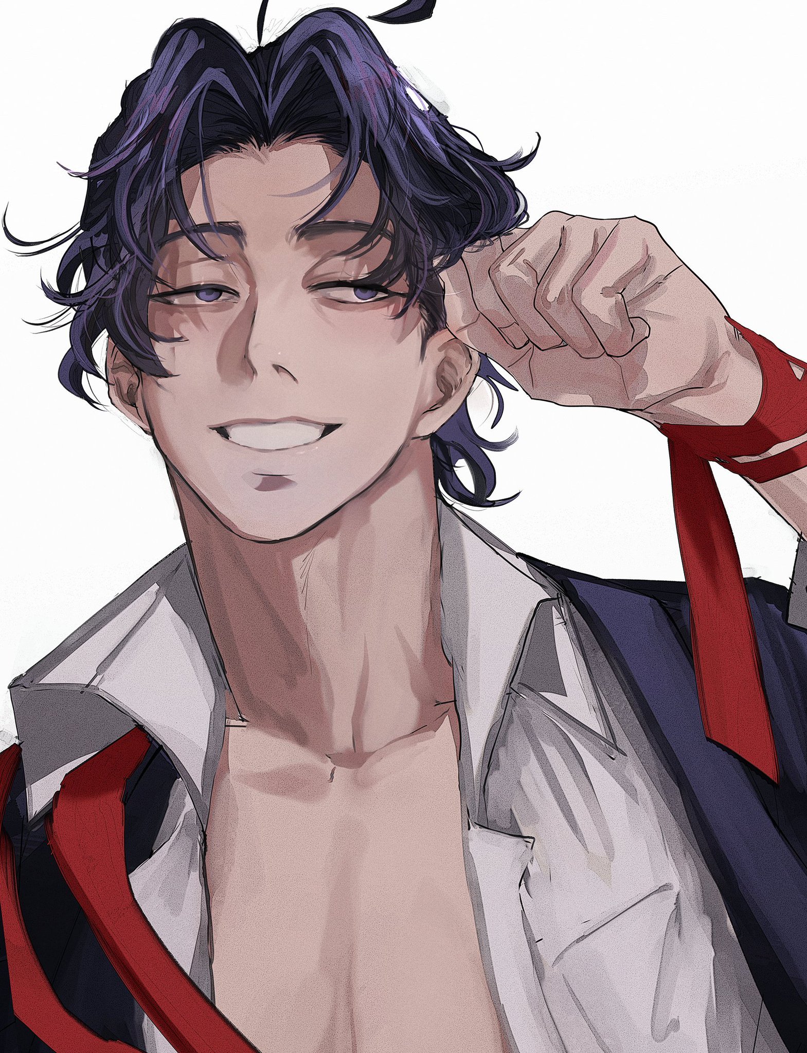 a digital drawing of a man with dark blue hair, wearing a white shirt, a blue suit and a red tie, looking at the camera with a smile. he is holding one of the red bands from his suit behind his ear. he is drawn in a manga style.