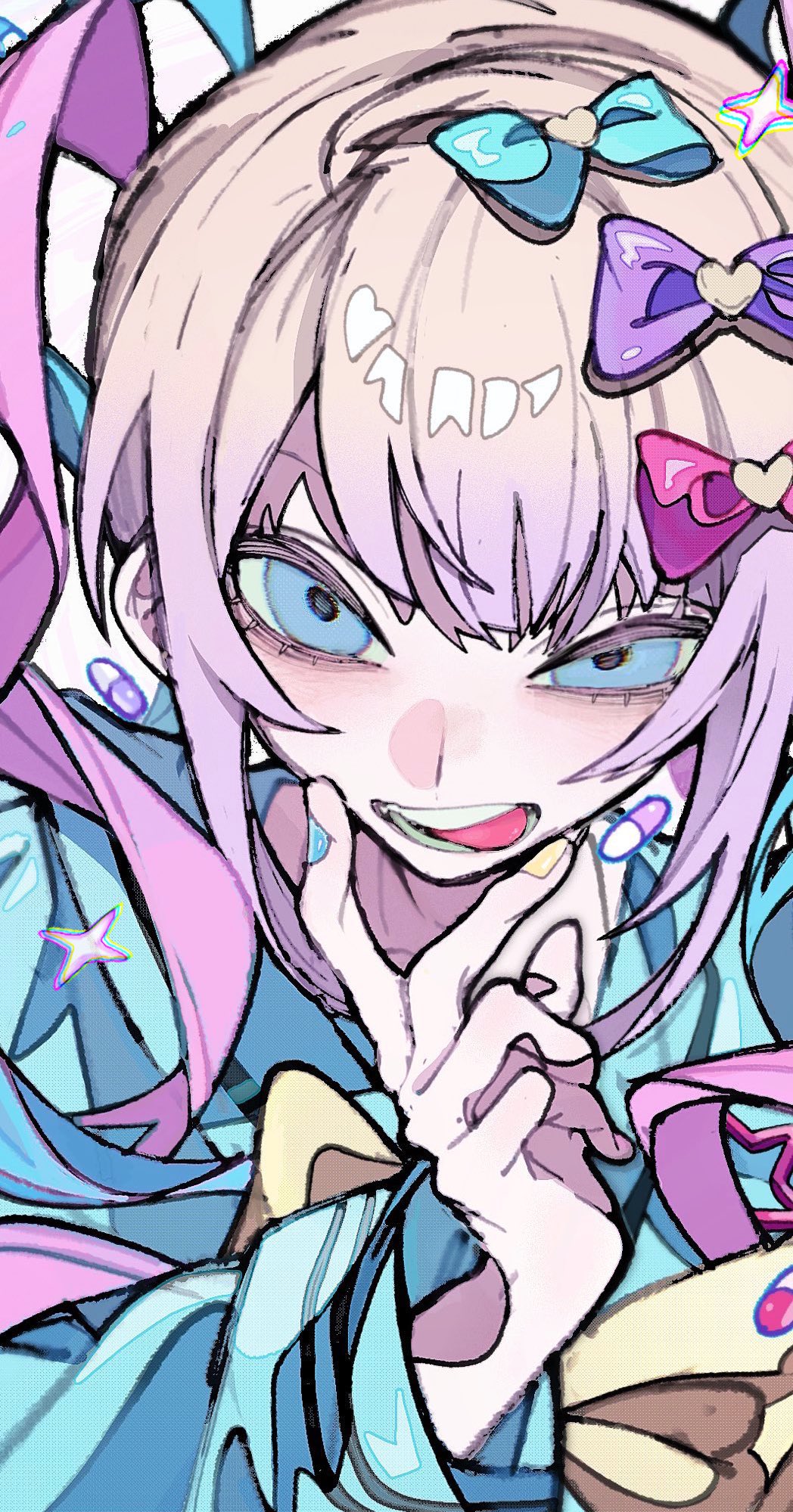 a colorful illustration of an anime girl with pink hair, blue eyes, and a cute smile. she is wearing a blue and pink outfit with bows in her hair. the style of the illustration is mangalike, with exaggerated features and bright colors. the girl appears to be in a happy mood.