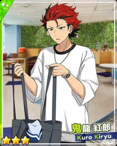 the illustration features a young man with spiky red hair styled with a black undercut. he has fair skin and sharp, green eyes. he's dressed in a casual, oversized white tshirt with short sleeves, and black pants. he's holding a black tote bag with white handles. the setting appears to be indoors, potentially a restaurant, with hints of tables and chairs in the background. the background features a soft color palette with a focus on muted greens and blues, creating a relaxed and ordinary atmosphere. the lighting is soft and even, illuminating the character without harsh shadows.