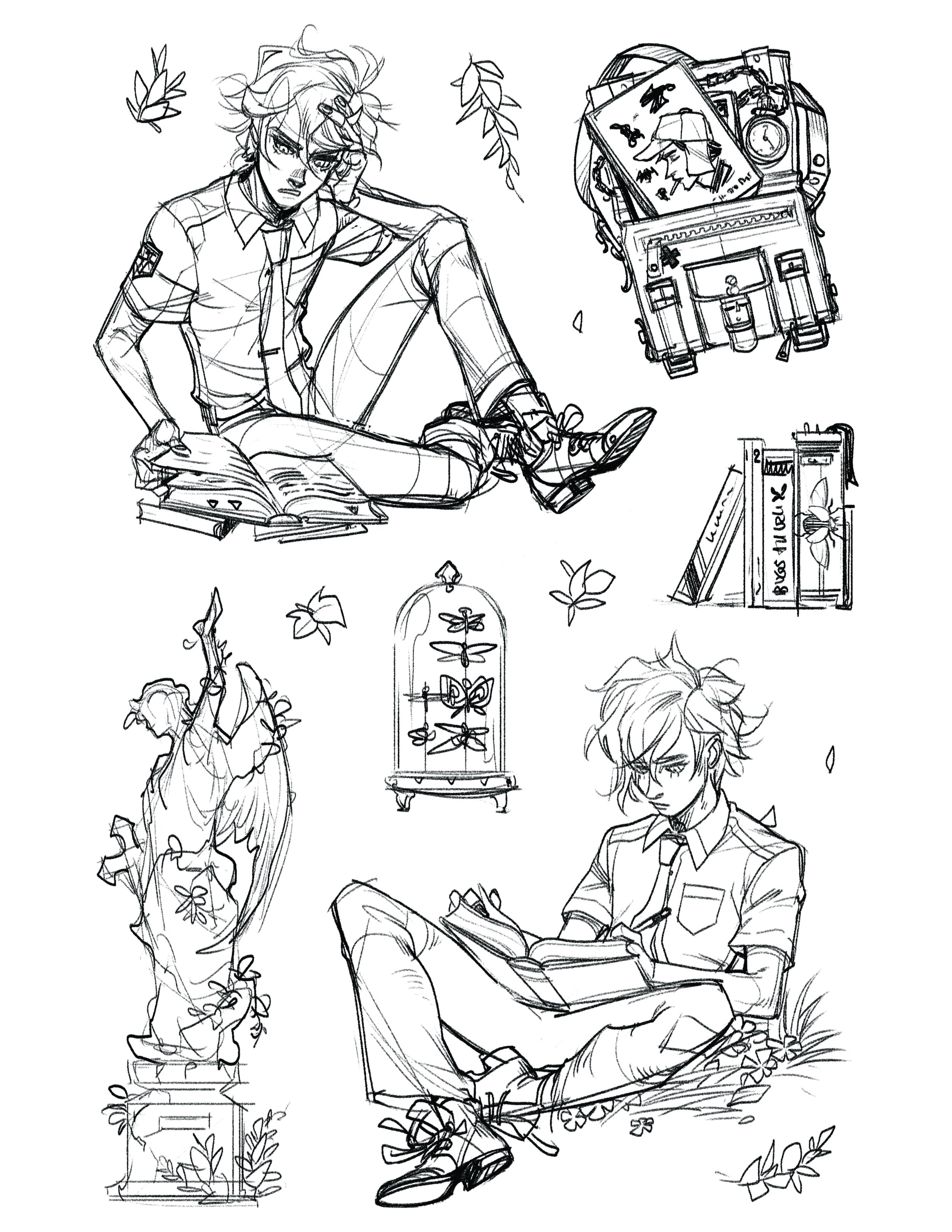 the image contains several sketches of characters and objects.  there are two male characters, one sitting and reading a book while the other is lounging with books around him.  the sketches are done in a style reminiscent of anime or manga, with a focus on line work and shading.  other elements in the sketches include a backpack, a statue of an angel, a glass case with butterflies, and various books.  the overall aesthetic is somewhat gothic or vintage in feel, with the inclusion of graveyard elements and detailed backgrounds. the style of the sketches suggests they might be character designs or concept art.