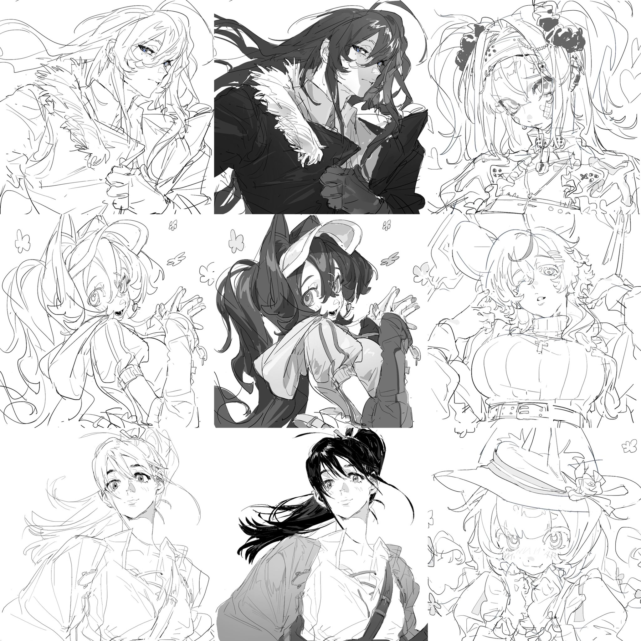 this is a collage of nine black and white anime character sketches. each image features a female character with a different hairstyle and expression. they appear to be drawn in a manga style. the characters have large eyes and distinct features. the sketches are drawn in a simple, elegant line art style.