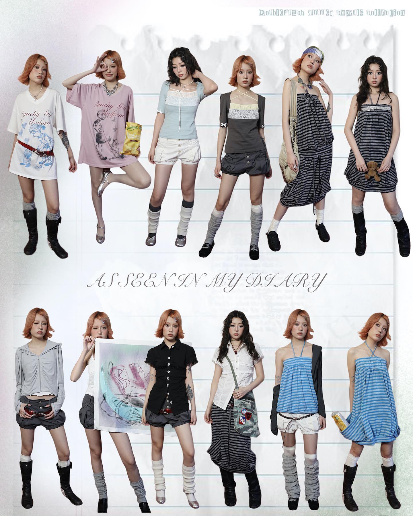 a collage featuring multiple photos of young women modeling various outfits, showcasing a distinct y2kinspired aesthetic. the imagery includes a mix of graphic tees, dresses, skirts, shorts, and accessories. the overall style leans towards indie, grunge, and alternative fashion, reflecting a retro 2000s vibe. the photos are arranged in a way to resemble a diary or lookbook, with the caption "as seen in my diary" further reinforcing this theme. the setting appears to be a studio against a white backdrop, and the models strike a range of poses. the overall mood is playful and expressive, with a focus on the individuality and unique styling of each outfit. the brand, doth.french, is subtly incorporated.