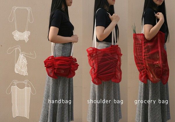 the image shows a woman demonstrating how a red, mesh bag can be used in different ways. the bag is displayed as a handbag, shoulder bag, and grocery bag. on the left side, there are illustrations showing how the bag can be folded and transformed. labels "handbag," "shoulder bag," and "grocery bag" are placed under the corresponding images of the bag in each form.
