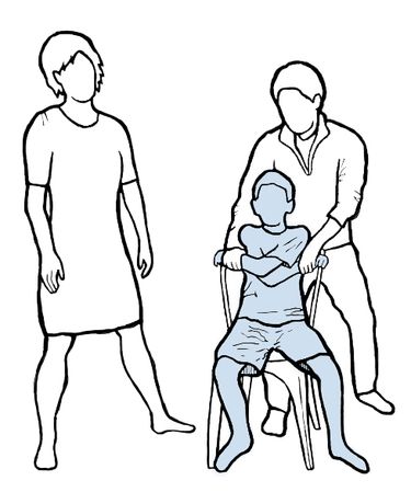 the image shows a woman standing on the left, a boy sitting on a chair with arms crossed, and a man standing behind the boy holding his arms. the boy appears to be in distress or being restrained.