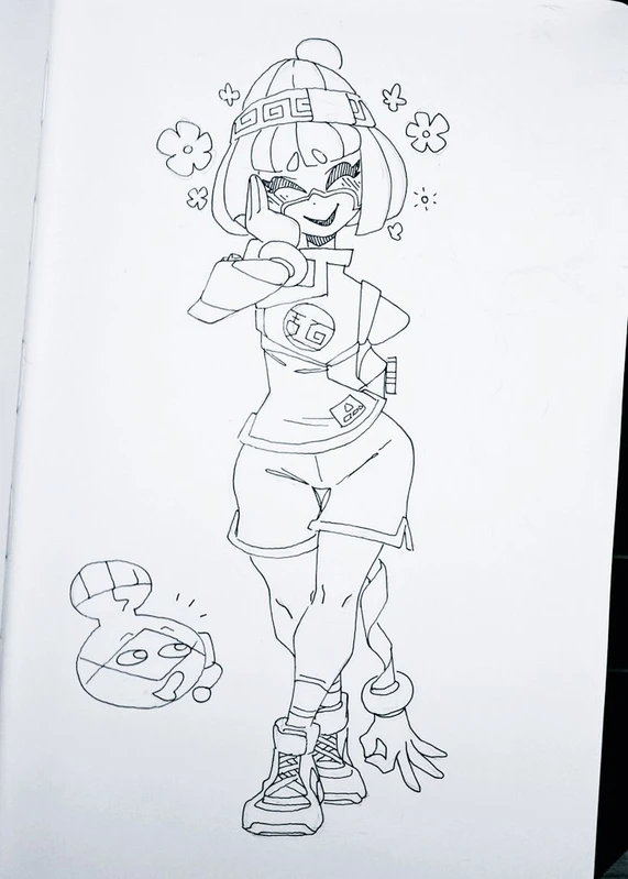 a black and white line drawing of a girl in anime style. she has a headband, shorts, and a longsleeved shirt. she has her hand over her cheek smiling. the background has flowers and a cartoonish figure in the bottom left corner. the drawing is done in black ink on white paper.
