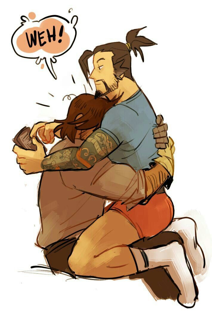 a digital drawing of overwatch characters reaper and mccree in a tender embrace. reaper is hugging mccree from behind, with mccree leaning into the embrace. both are smiling and appear comfortable.  the style is expressive and cartoonish, similar to anime or manga.  a speech bubble above reaper's head says "weh!" adding to the playful mood.  reaper's arm is around mccree's shoulders, while mccree's arms are around reaper's waist. the background is white. the artwork is full of emotion and warmth.