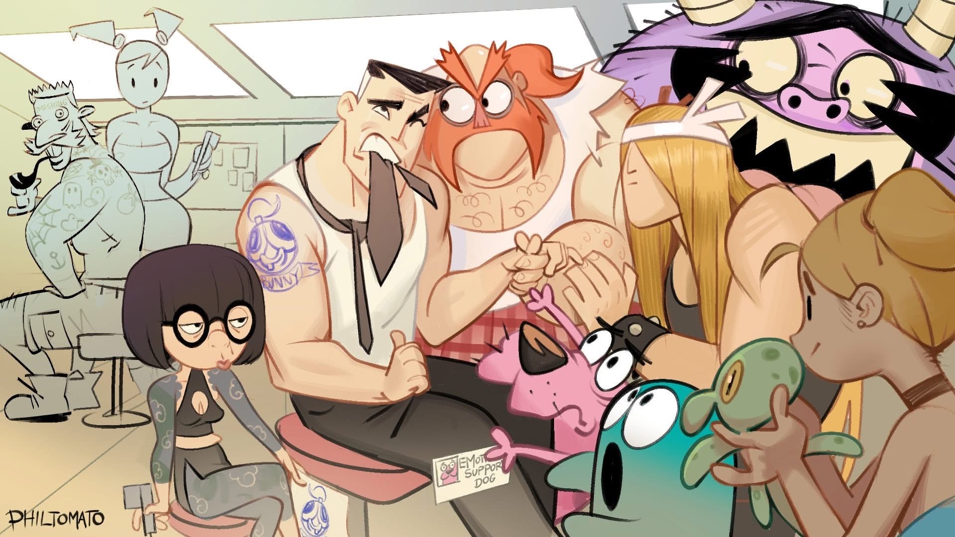 this image features a gathering of various cartoon characters drawn in a stylized manner, many sporting tattoos. the characters include courage the cowardly dog with an "emotional support dog" sign, edna mode from the incredibles, a tattooed johnny bravo, and the powerpuff girls depicted as tattoos on a character's arm. dexter's laboratory characters are also present, creating a cartoon crossover scene. the artist's signature, "philtomato," is visible in the corner.