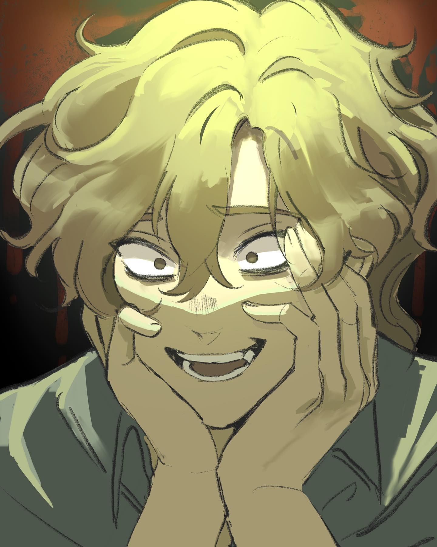a digital illustration of a man with blond hair smiling creepily. he has a wide grin with his teeth showing, and his eyes are wide open. he is holding his hands up to his face, covering his mouth. the background is blurred.