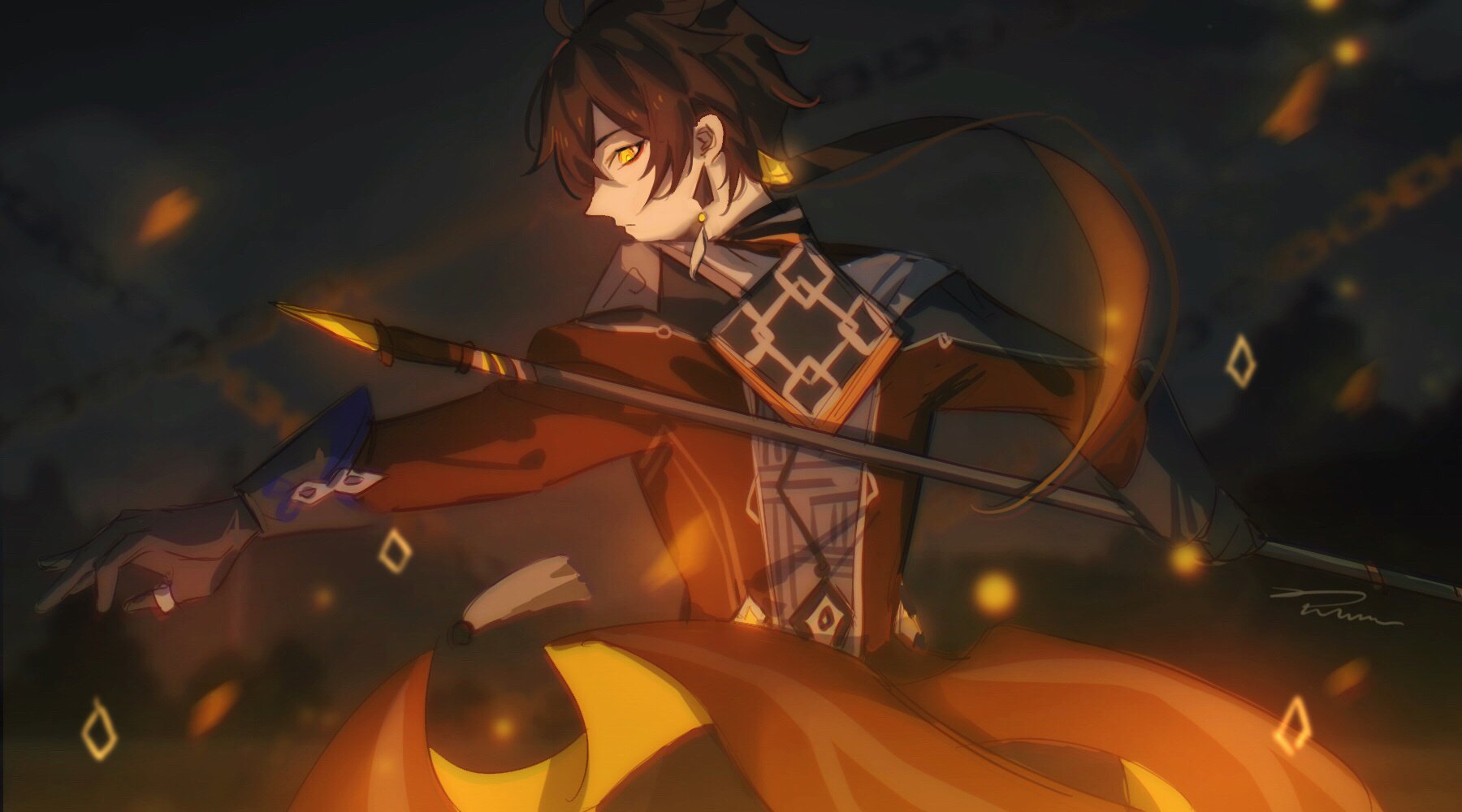 the image is a digital illustration of an anime character, a male warrior, holding a spear and striking a dramatic pose against a dark background filled with fire and flames. the character has brown hair, piercing yellow eyes, and is wearing a  bright orange and black attire. the illustration is done in a semirealistic style, with intricate details on the character's clothing and weapon, and the use of glowing light effects to highlight the action.