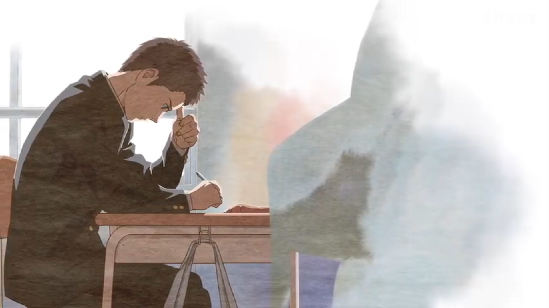 the image showcases a young man, seemingly a student, deeply engrossed in his studies. he's seated at a desk, his head resting on his hand in a posture of contemplation. the setting appears to be a classroom, evidenced by the desk and the faint suggestion of a window in the background. however, the image is dominated by a soft, muted color palette, primarily composed of grays and whites. this, combined with the student's solitary figure and the ethereal, almost watercolorlike quality of the illustration, evokes a sense of loneliness and perhaps even sadness. it suggests a moment of introspection, where the student's thoughts might be drifting towards memories or anxieties.