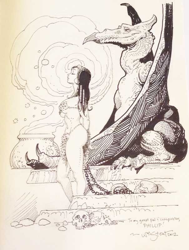 the image is a black and white illustration of a woman and a dragon standing next to a cauldron of smoke. the woman is standing in front of the cauldron and has chains around her body. the dragon is standing behind the woman, and there are skulls at the base of the scene. the illustration is signed by william stout and dated 2012. it is likely a fantasy illustration.