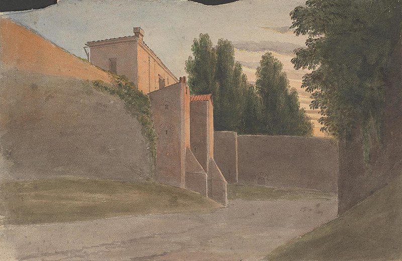 the image is a watercolor painting depicting a fortified building complex. the main focus is on a tall wall with multiple towers, with trees standing tall behind the wall. the sky is a soft blend of colors, suggesting dusk or dawn. a road or path leads up to the wall in the foreground.