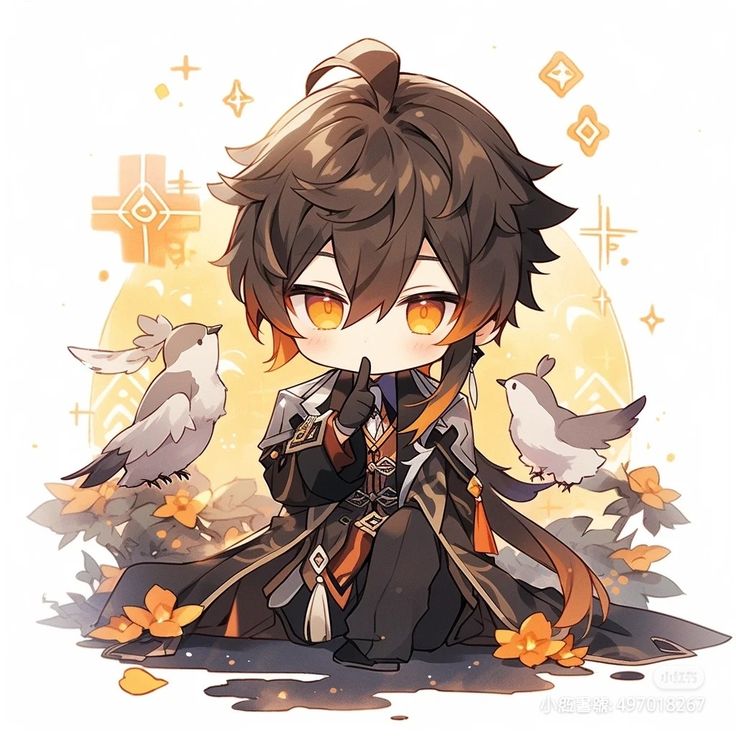 the image is a digital drawing of zhongli, a character from the video game genshin impact, depicted in a cute, chibi art style. he is sitting on the ground amidst yellow flowers with two white birds flanking him.  he has his index finger raised to his lips, as if hushing for quiet. the art style is soft with a warm color palette.