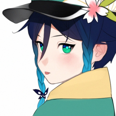 the image shows a stylized drawing of a young man with blue hair and green eyes. he is wearing a captain's hat with a white flower and has a slight blush on his cheeks. his hair is styled in a braid with a blue butterfly decoration. the background is white, and the art style is reminiscent of anime or manga.