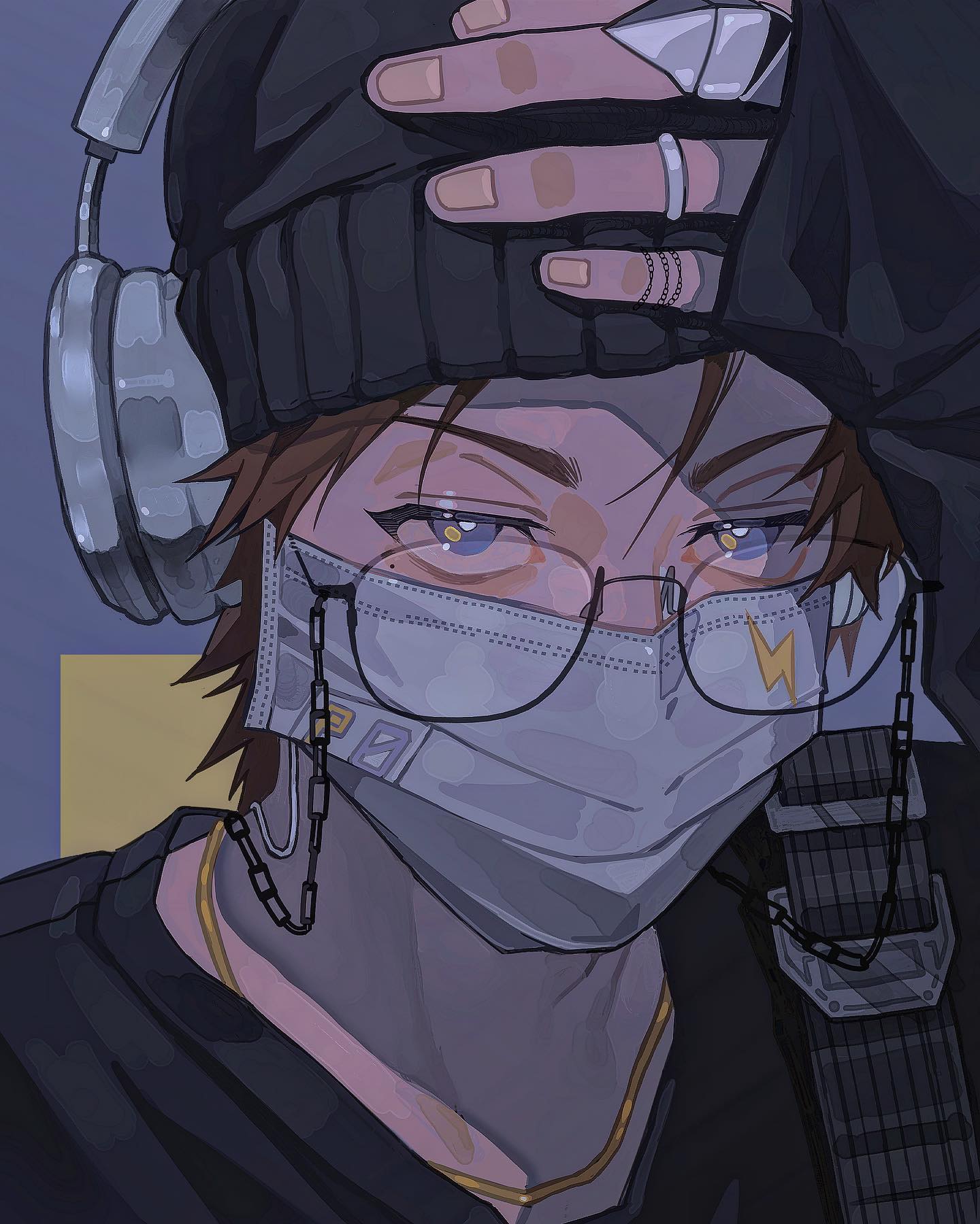 the image is a digital illustration of a stylish anime boy. he's wearing a dark beanie pulled low over his brow, large silver headphones, round glasses, a face mask with a subtle lightning bolt design, and fingerless gloves.  he sports a gold chain necklace and a dark, possibly fabric, strap across his shoulder. his expression is serious and intense. the overall style is edgy and cool, with a blend of streetwear and cyberpunk elements. the color palette is muted, primarily using shades of purple, gray, and blue.  the level of detail in the artwork, particularly in the eyes and clothing, is quite high.
