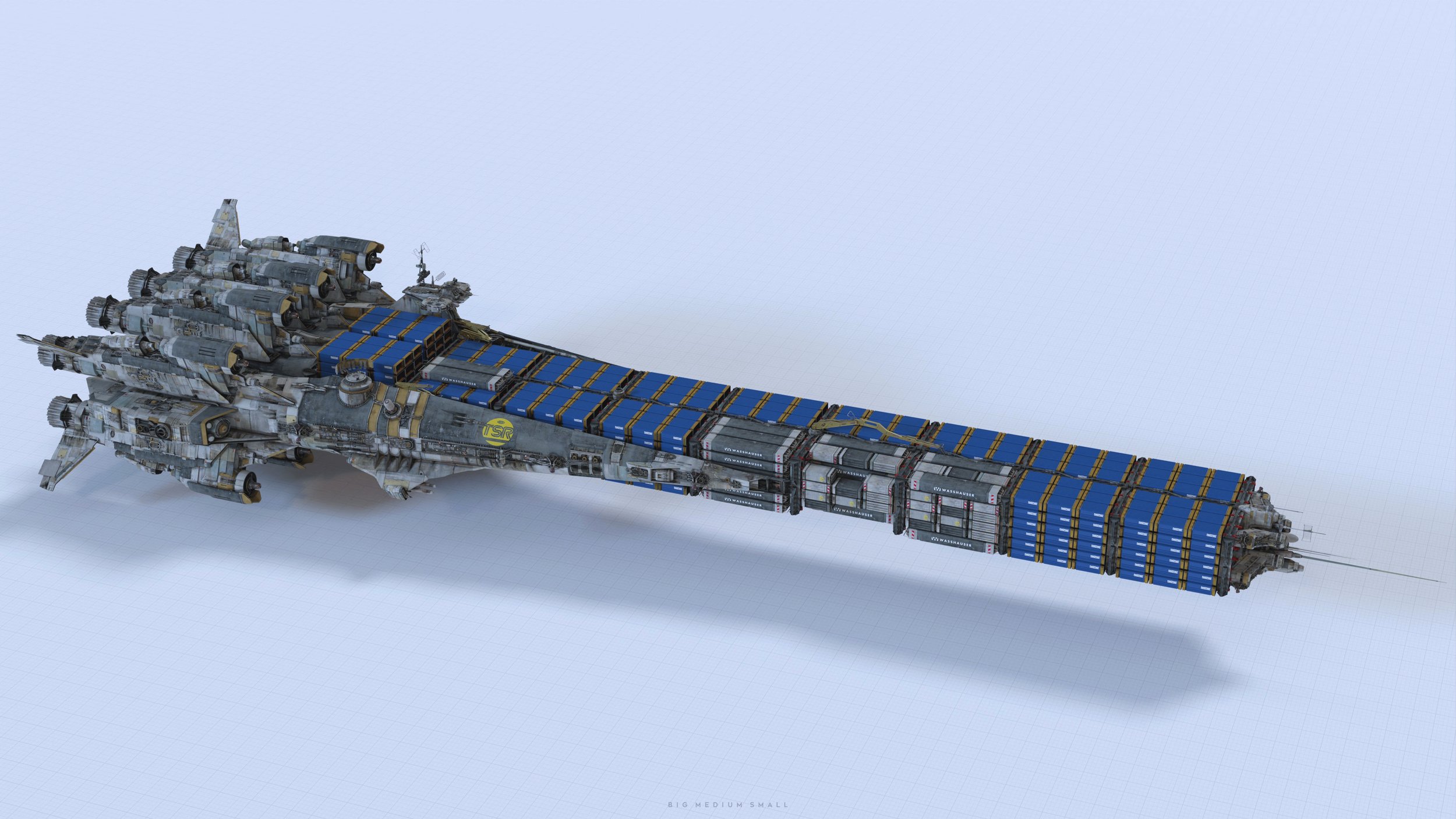 a 3d render of a large, futuristic spaceship, designed for cargo transport.  the ship is long and slender, with a prominent engine section at the front and a vast array of cargo containers lining its main body. the containers are a distinct blue with yellow accents. the overall aesthetic is one of weathered, industrial design.  the spaceship is presented against a simple white background, showcasing its detailed design.