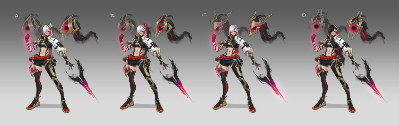 the image shows four different variations (a, b, c, d) of a female character concept art. the character is a warrior with a dynamic pose, wearing a mix of black, red, and gold clothing. she has wings that seem to be made of dark energy and blades extending from her arms.  each variation shows slight differences in the design of her wings, hair, and accessories. the style is reminiscent of anime or manga and could be used for a video game or other fantasy project.