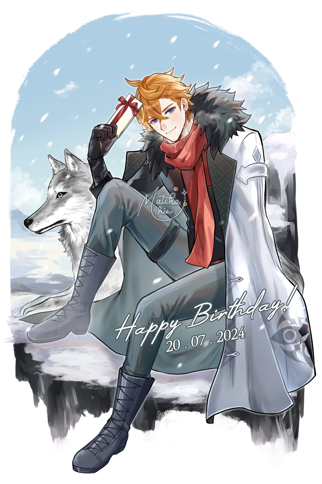 the image is an anime style illustration of a young man, dressed in a black winter jacket and a white long coat, sitting next to a white wolf on a snowy mountain. the man is holding a red and white gift box. he is smiling and seems happy. the background is a snowy, wintery landscape.  the text "happy birthday! 20.07.2024" is written at the bottom of the image.