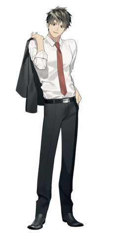 the image shows a young man in a white dress shirt and pinstriped black suit pants. he's holding his black suit jacket casually over his shoulder. he has brown hair and brown eyes, and is wearing a red tie. the background is plain white, drawing focus to the figure. his posture suggests confidence.