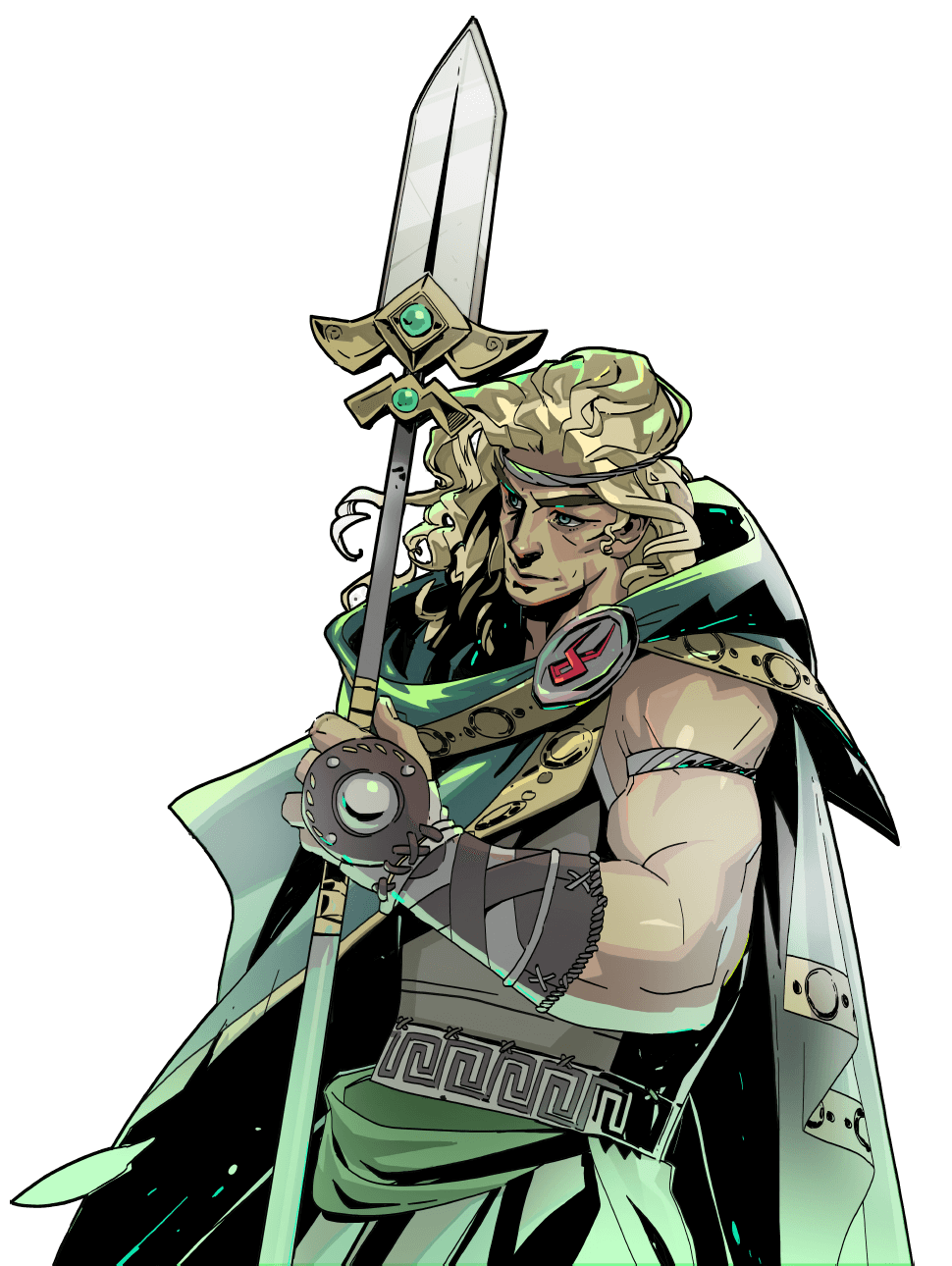 a warrior with long blonde hair is standing with a spear in his hand. he is wearing armor and a green cloak. his expression is serious. the illustration has a cartoon art style. the warrior's left eye is green, the other is hidden behind his hair. he wears a headband with a red pattern on it. the background is white.