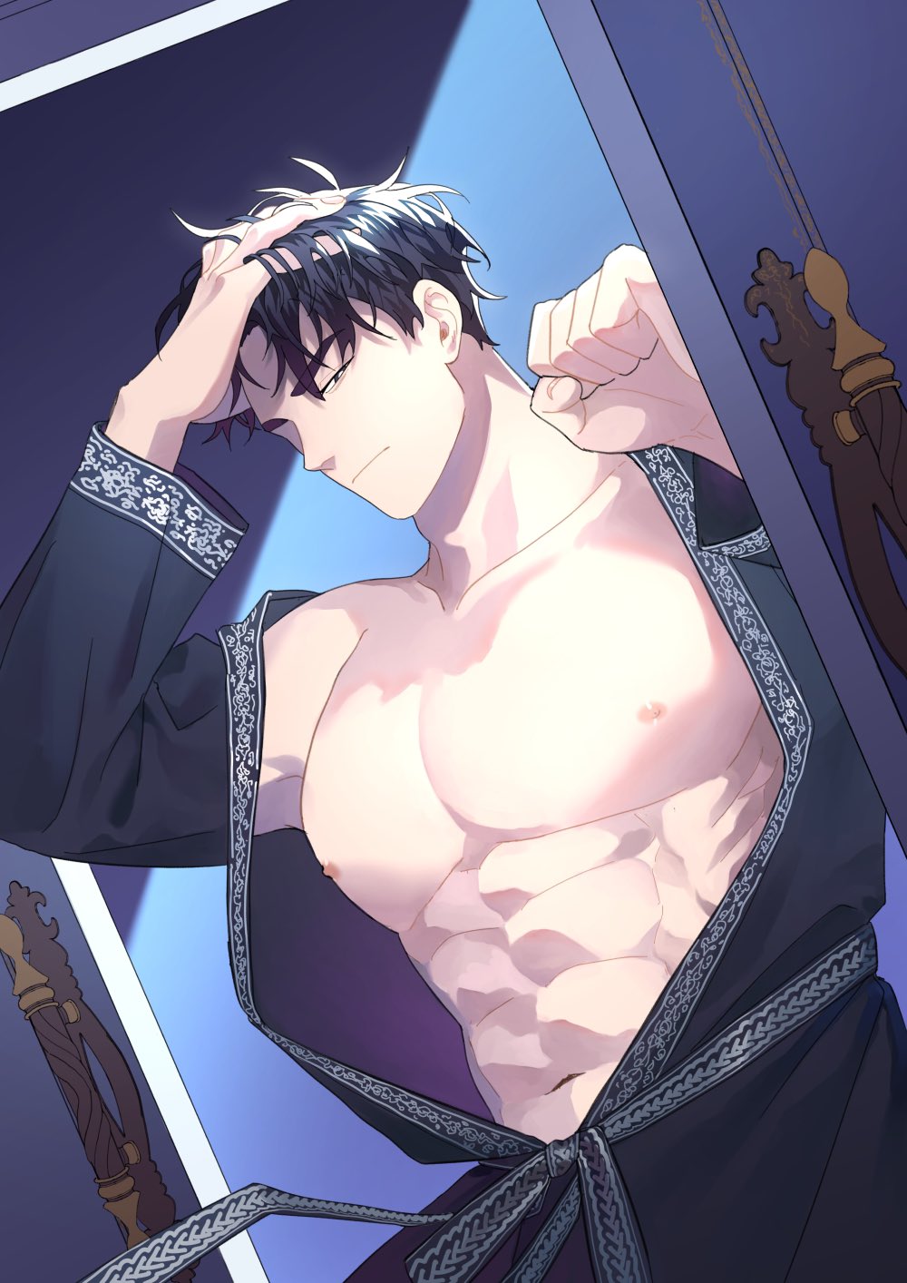 an illustration of an anime/manga style man. he is shown shirtless, and is in the process of opening a robe with intricate trim. he is looking down with a slightly pouty expression, and there is a slight sheen of sweat on his