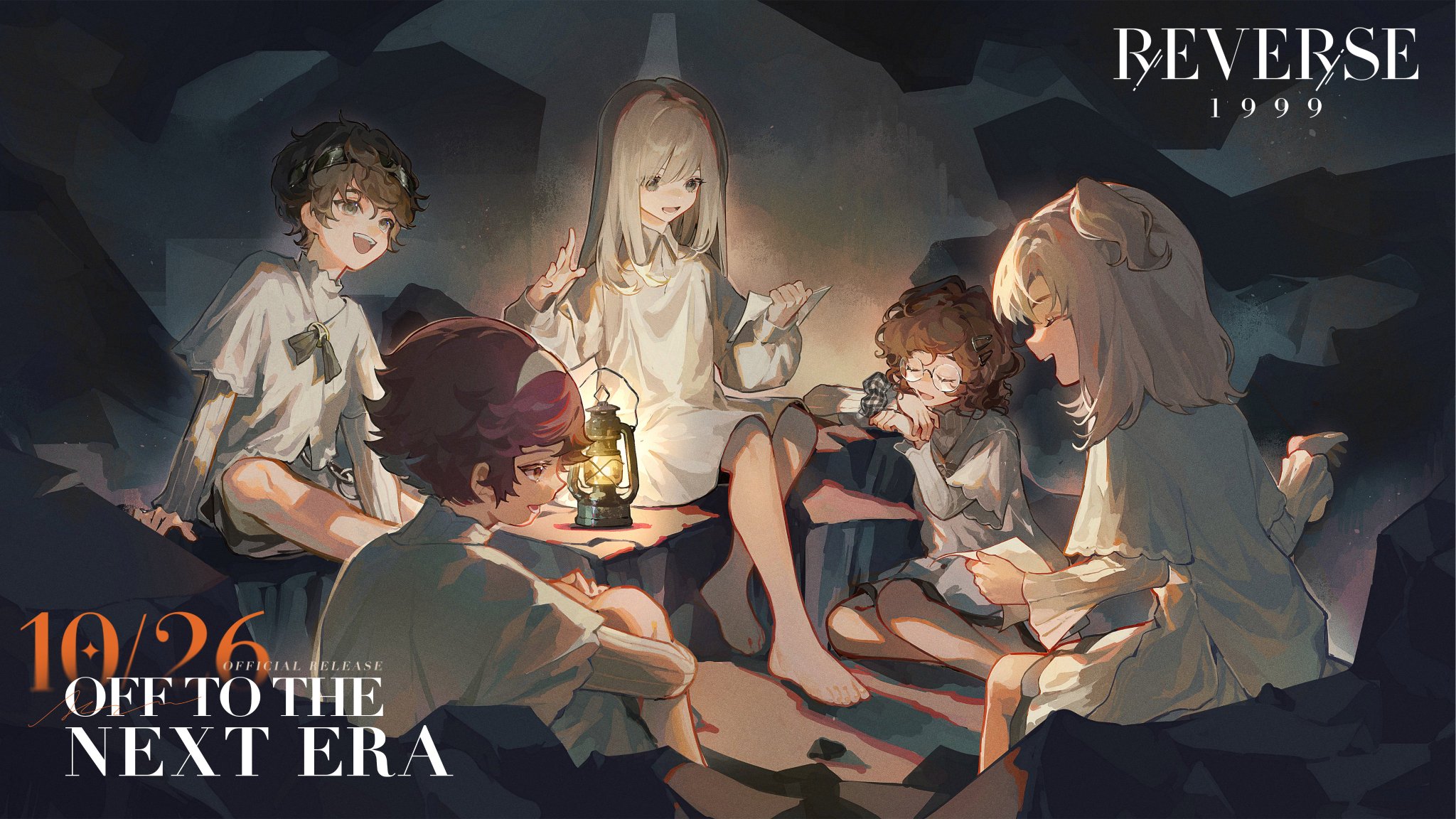 this is a digital illustration of a group of four animestyle girls sitting around a campfire in a forest. the girls are all wearing different clothes, and they are all looking at each other. the scene is lit by a lantern in the center of the group, and the background is dark and mysterious. the overall style of the artwork is whimsical and dreamy.