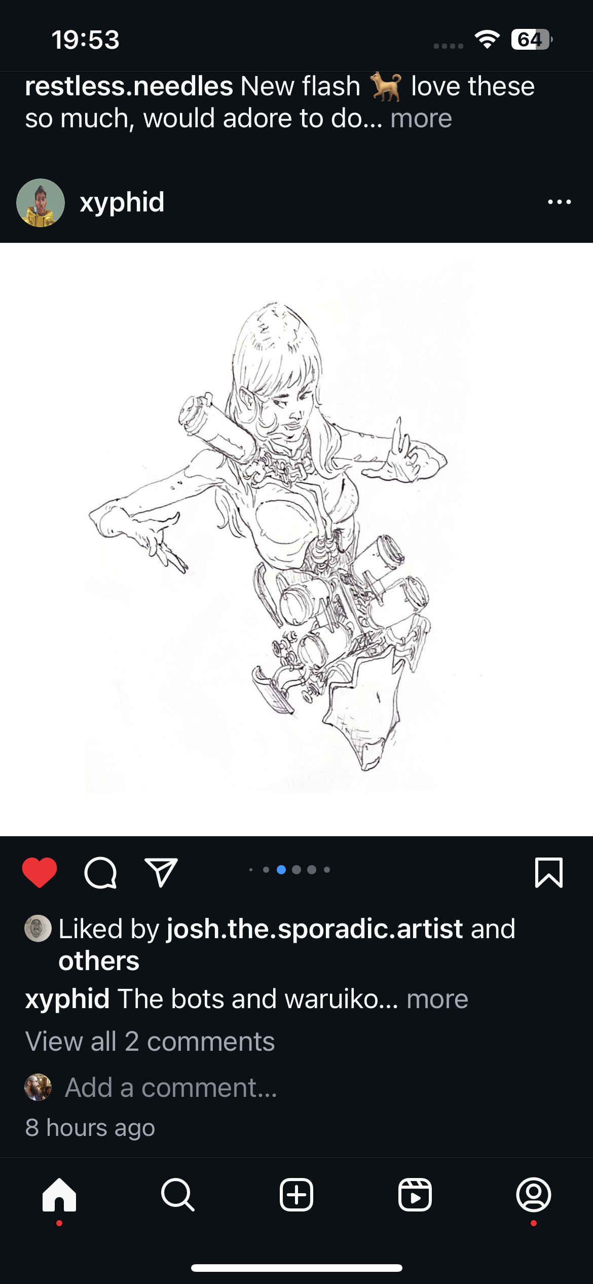 a black and white drawing of a female cyborg with a determined expression, holding what looks like a futuristic gun. she is wearing a revealing outfit that shows off her mechanical parts. the drawing style is detailed and has a manga or anime influence.