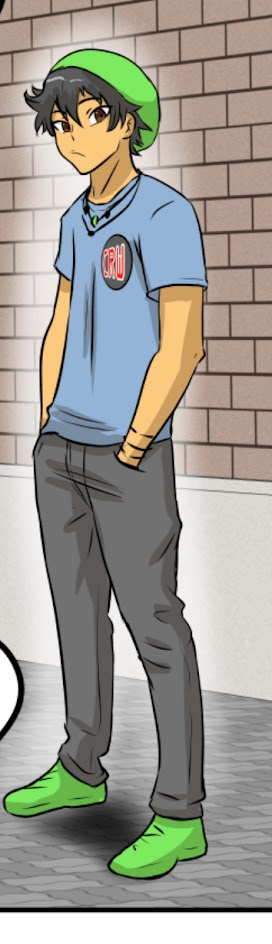 a cartoon drawing of a male character wearing a green hat, blue shirt, and grey pants, standing against a brick wall. he is looking to the left of the picture.