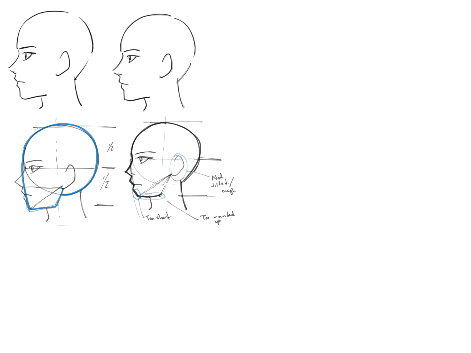 the image shows a drawing tutorial for creating a profile view of a head in an anime/manga style. it includes several stages of the drawing process, starting with basic shapes and guidelines, and then refining the features and proportions of the head and face. the drawing emphasizes the use of construction lines and basic shapes to build the structure of the head, including the skull, jawline, nose, and other features. there are also notes indicating issues in the drawing.