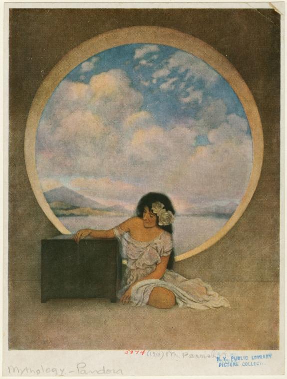 the image is a painting or illustration depicting pandora from greek mythology. she is shown sitting on the floor next to a dark box. a large circular opening behind her reveals a landscape with water, mountains, and a cloudy sky. pandora is wearing a lightcolored dress and has a white flower in her hair. the artwork has a classical style and is labeled as "mythologypandora" with additional text indicating it is from the n.y. public library picture collection.