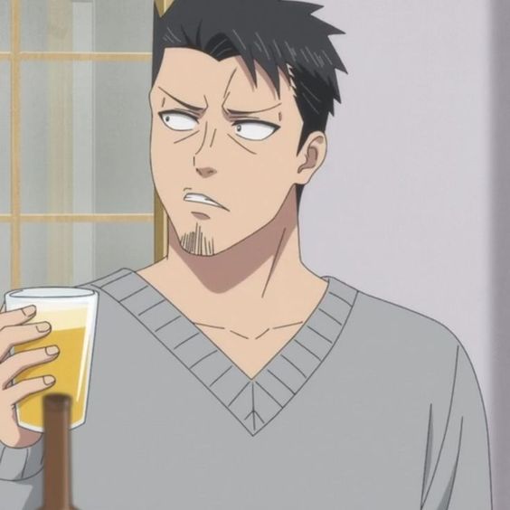 a screenshot of an anime character with short dark hair and facial hair with a concerned expression on his face, holding a glass of an alcoholic beverage in his right hand. he is wearing a gray vneck sweater. the background is a light gray with a sliver of golden yellow on the left side of the image.
