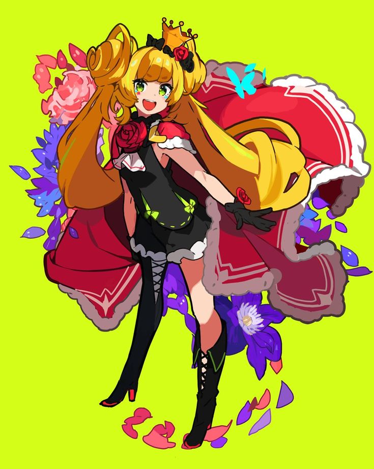 a young anime girl with long blonde hair and a red cape with white fur trim. she is wearing a black dress with green accents and black boots. she has a crown on her head and is smiling. she is surrounded by flowers and petals. she is posing in a dynamic way, as if she is about to dance.