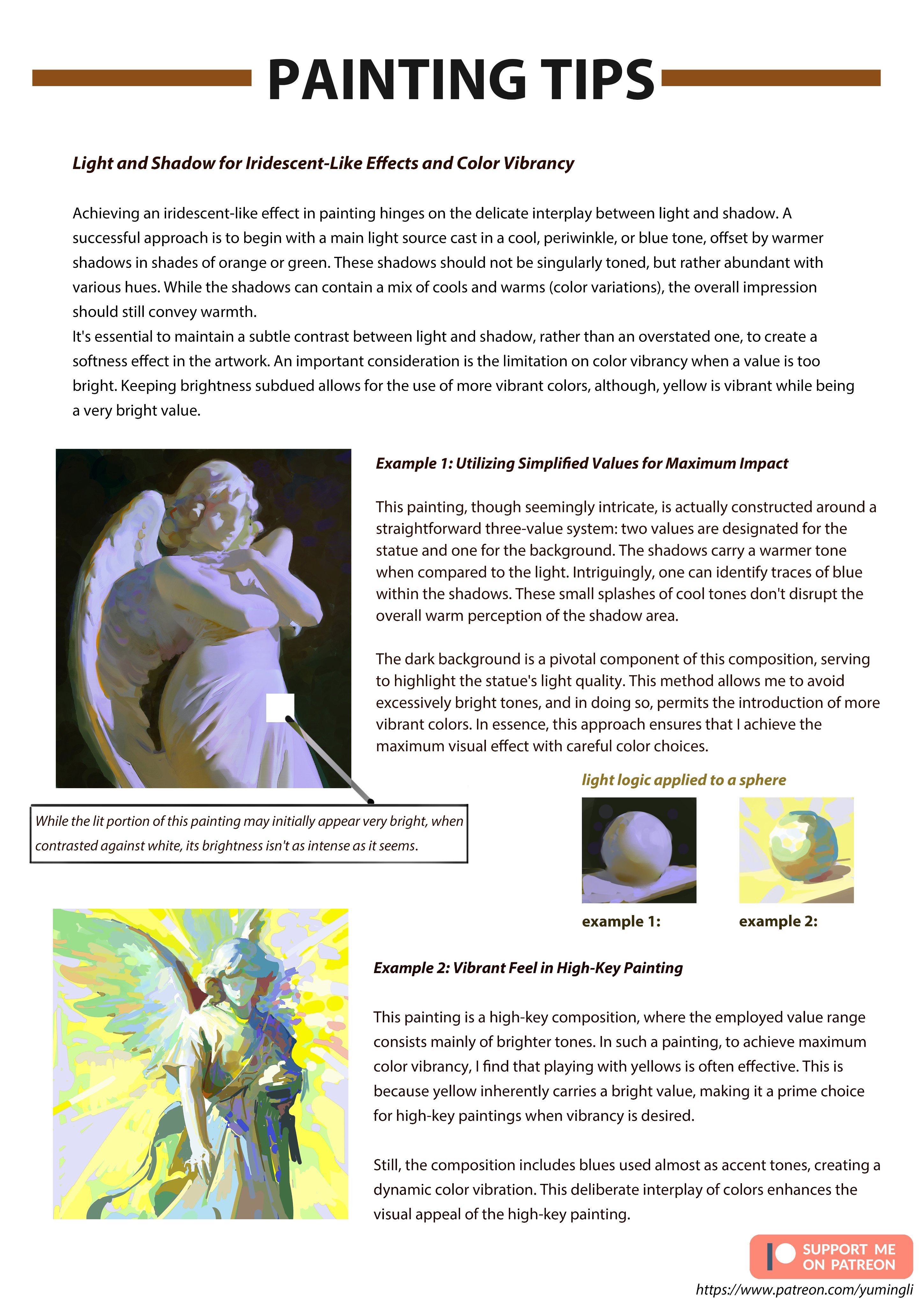 this image is a painting tutorial illustrating tips for using light and shadow in painting to achieve an iridescentlike effect and color vibrancy.  the tutorial is divided into two examples with corresponding explanations and a visual representation of the light logic applied to a sphere.  the images are of a statue of an angel, and the text goes into detail on how to create a harmonious interplay of light and shadow.  the keywords are:  painting, art, tips, light, shadow, iridescent, color, vibrancy, highkey, value, contrast, technique, tutorial, illustration, example.  the image is a useful tool for anyone interested in learning how to paint.