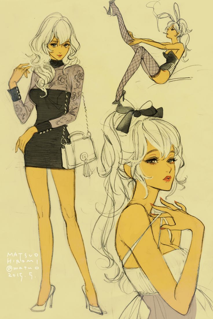 the image contains three illustrations of women. the first one on the left is dressed in a short black dress with seethrough long sleeves and carries a small handbag. the second woman is in a playful pose with bunny ears, wearing a black bustier and stockings. the third woman is shown from the waist up, wearing a slip dress. all three women have long white or blonde hair. the style is reminiscent of vintage fashion illustrations with a contemporary twist. the artwork is done in a soft pastel color palette with sketchy lines.