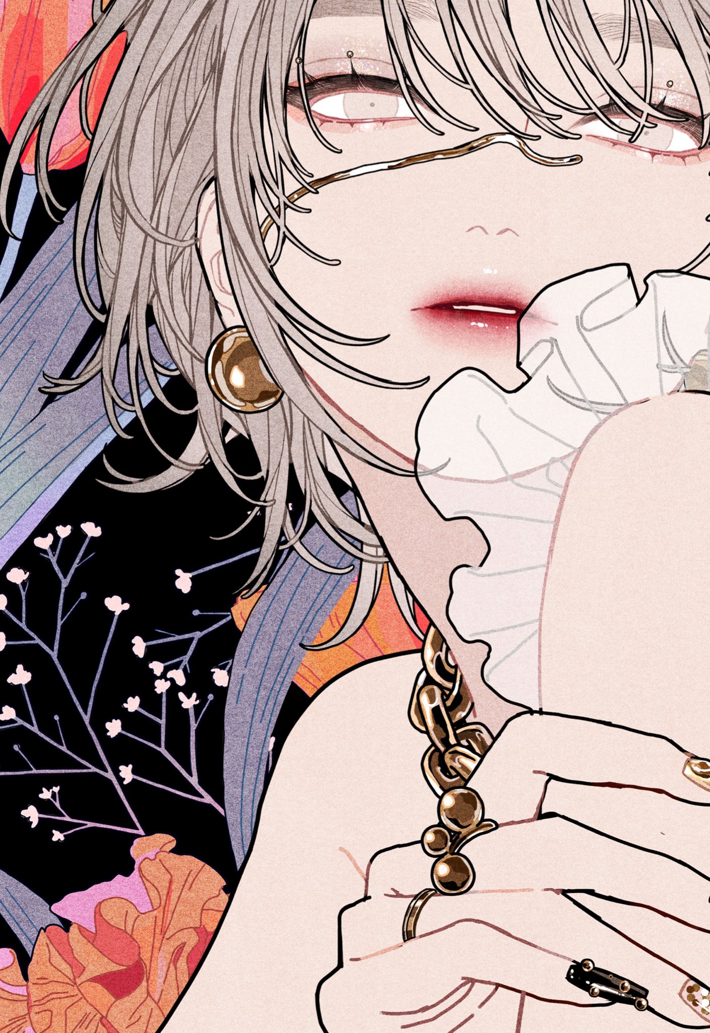 illustration of a woman with short, white hair, gold jewelry including a blindfold, earrings, chain necklace, and rings, with red lips and light eyes, set against a black background with floral details. the style resembles anime.