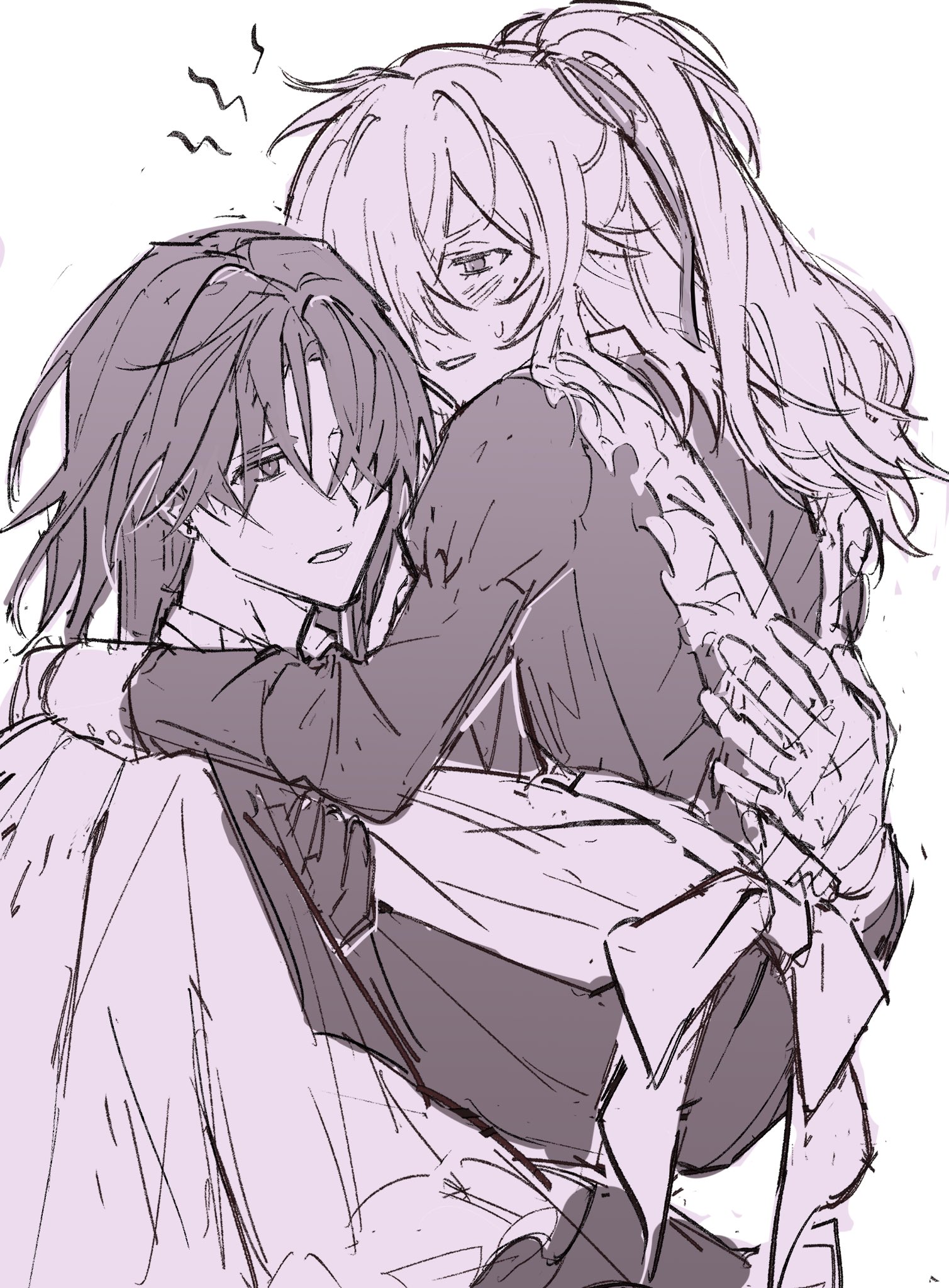 a handdrawn illustration of an anime couple. the male character is holding the female character, who is blushing and smiling, in his arms. the scene is set in a very simple background with soft lighting and there are a few details that make it look more like a manga or comic illustration.