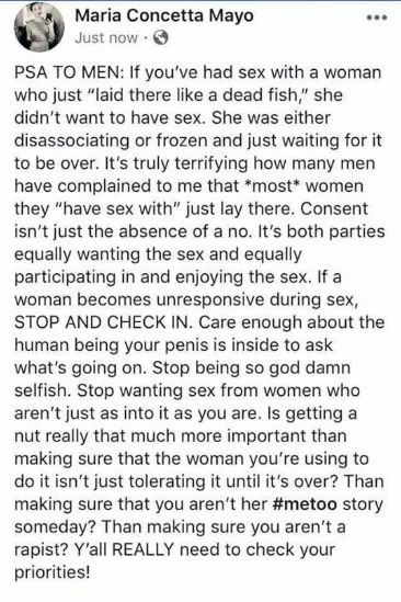 a facebook post by maria concetta mayo addressing men about consent, sexual behavior, and the importance of checking in with a partner during sex. it emphasizes that consent is more than just the absence of a "no" and warns against potentially abusive behavior.