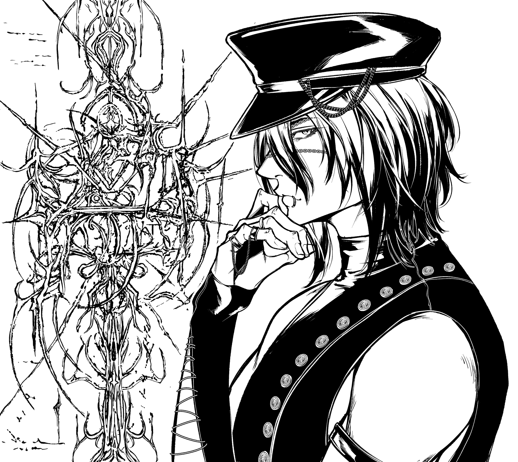 a black and white illustration of a young anime boy wearing a black hat and a stylish vest. he is posed looking off to the side, with his hand resting on his chin. in the background is a stylized, gothic design.